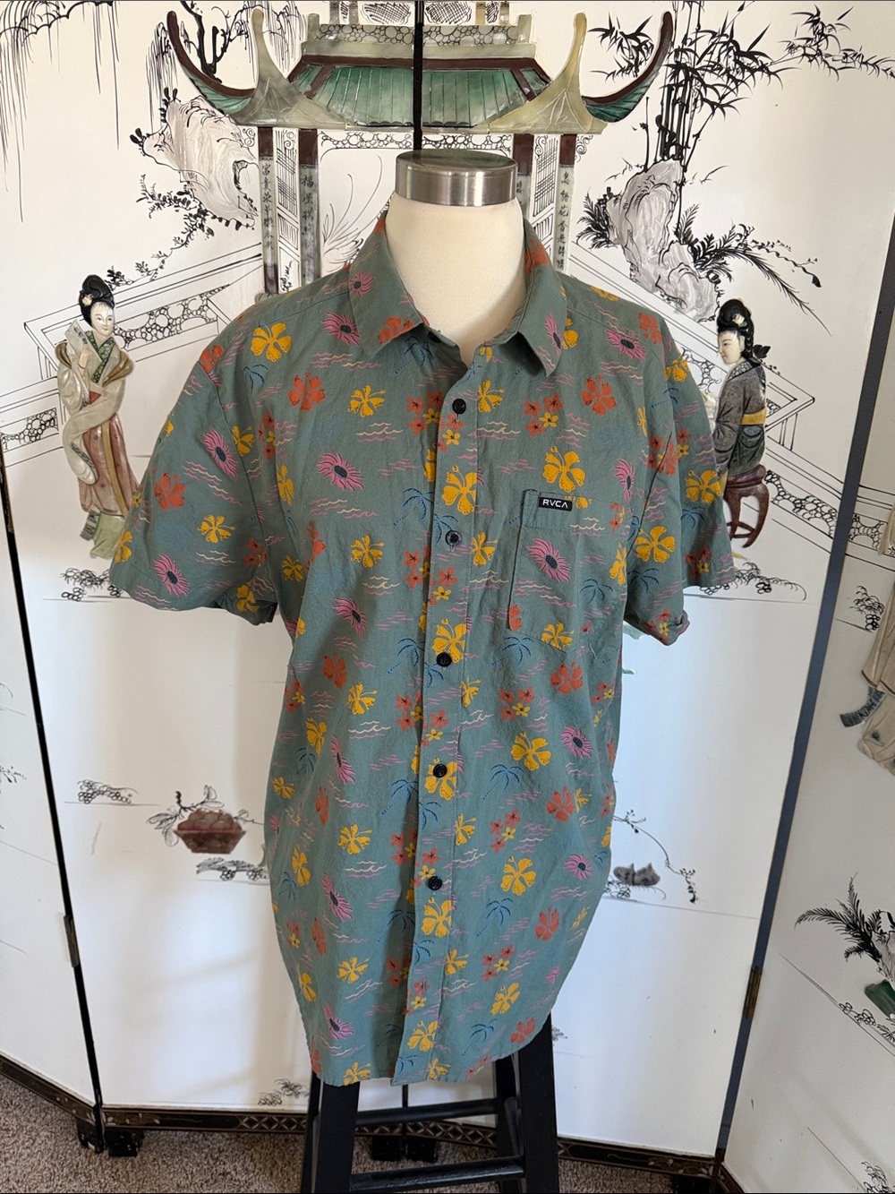 RVCA Green Short-Sleeve Floral Button-Up Shirt